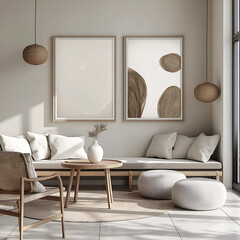 Aesthetic minimalist room interior design. Mockup picture frames. Concrete paint and mock up poster on the walls. Copy space. Clean apartment for decoration. Japandi, scandi, rustic style.