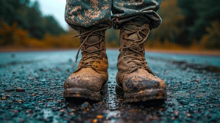 Row of Soldiers Standing at Attention in Camouflage Uniforms During Daylight Training Exercise