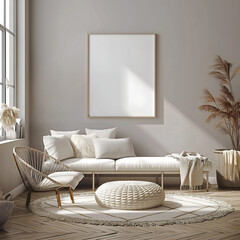 Aesthetic minimalist room interior design. Mockup picture frames. Concrete paint and mock up poster on the walls. Copy space. Clean apartment for decoration. Japandi, scandi, rustic style.