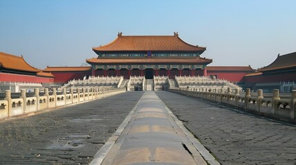Fototapeta premium A stunning view of the Forbidden City in Beijing, showcasing its grand architecture and historical significance under a clear blue sky.