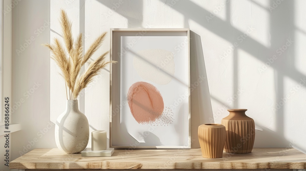Poster boho themed art print vertical frame displayed with scandinavian style ceramic vases on white backgr