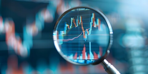 Blue background with magnifying glass overlaying bar chart for stock exchange analysis. Concept Stock Exchange Analysis, Blue Background, Magnifying Glass, Bar Chart, Financial Data