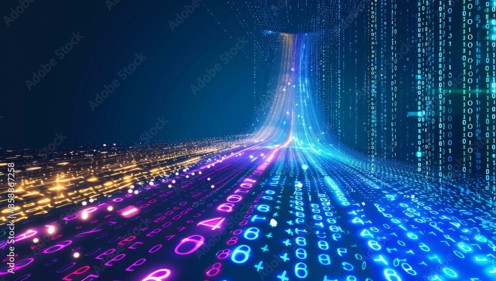 Poster a futuristic image of a road with many numbers and lights. ai.