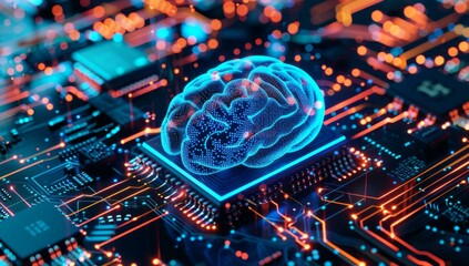 Fototapeta premium A computer chip with a brain on top of it. AI.