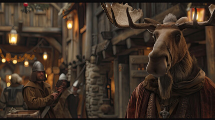 Anthropomorphic moose portrayed as medieval merchant or trader. Regal demeanor amidst historical ambiance.