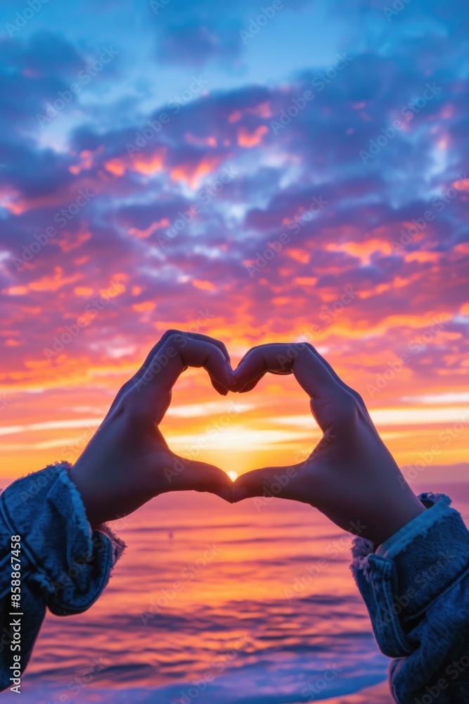 Poster hands making heart shape with sunset in background. generative ai.