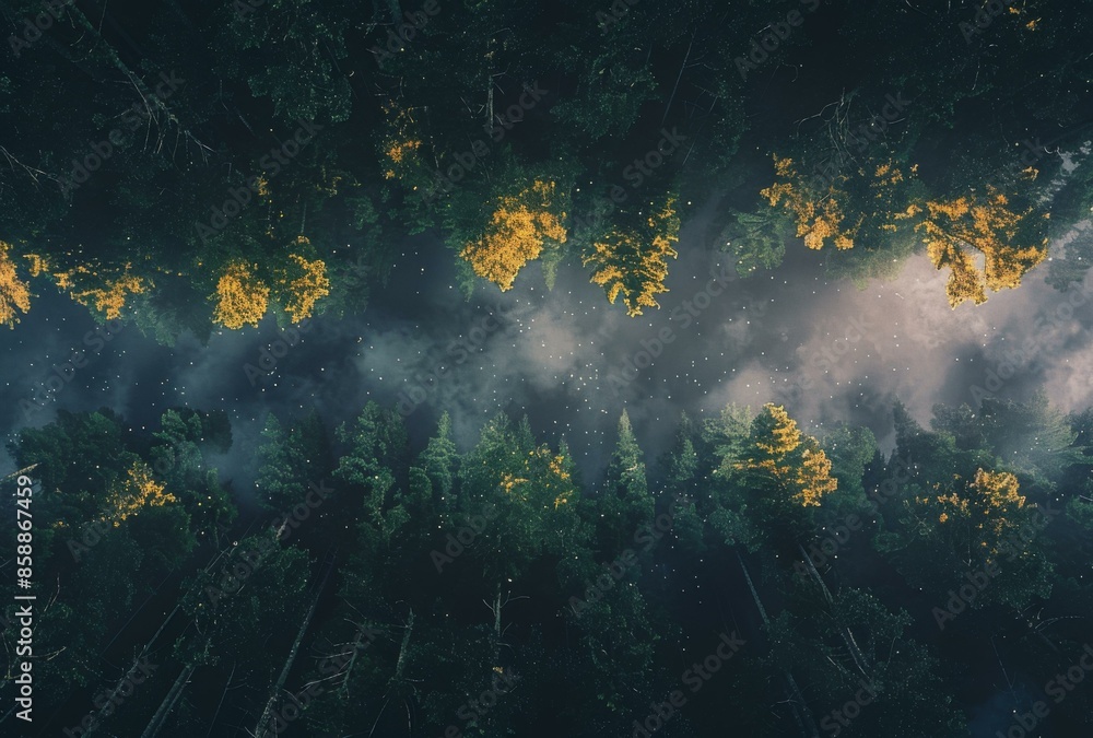 Wall mural A view of a forest with trees and clouds in the sky. AI.