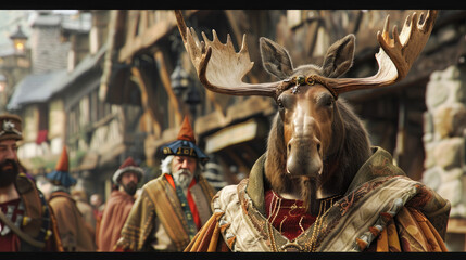 Anthropomorphic moose portrayed as medieval merchant or trader. Regal demeanor amidst historical ambiance.