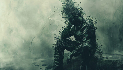 An illustration representing post traumatic stress disorder, showing the inner struggle and emotional distress experienced by individuals with this condition....