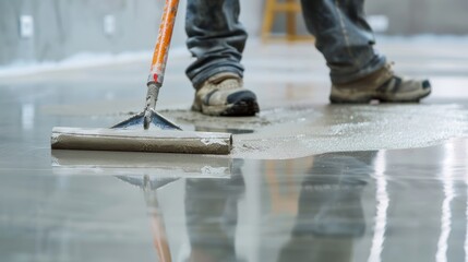 Leveling with mixture of cement for floors. Worker use screed concrete epoxy for level