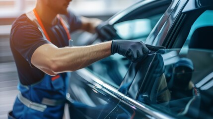 Male auto specialist worker hand rolling car window film on front windscreen glass surface. Car side window film removal and tinting installation.