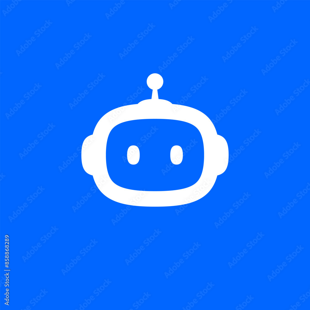 Poster chat bot icon. virtual smart assistant bot logo. robot head on blue background. customer support ser