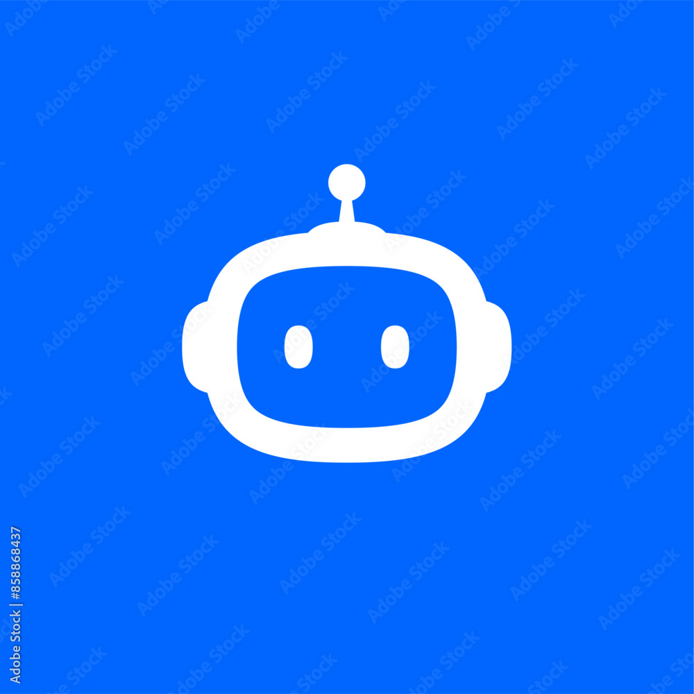 Poster chat bot icon. virtual smart assistant bot logo. robot head on blue background. customer support ser