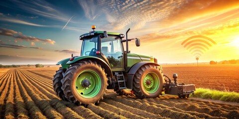 Obraz premium Modern Tractor in a Field at Sunset