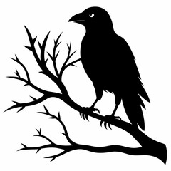 Crow icon sitting on a branch vector silhouette illustration.
