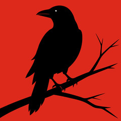 Crow icon sitting on a branch vector silhouette illustration.