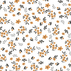 Fabric with dark orange floral patterns, gray leaves, white background, and natural-style dots