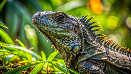 Fototapeta premium Vibrant black iguana basks in dappled sunlight, scaly skin glistening, amidst lush green foliage in costa rica's parque nacional carara.,hd, 8k.