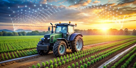 Fototapeta premium Tractor in a Field at Sunset with Network Connection