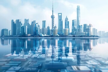 Fototapeta premium Modern city skyline with skyscrappers and reflection created with Generative AI