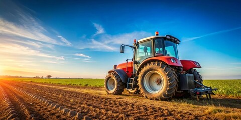 Obraz premium Red Tractor in a Field at Sunset