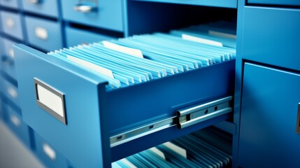 An open drawer of a metal filing cabinet, revealing neatly organized documents.