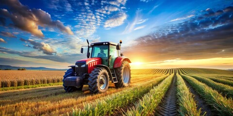 Red Tractor on a Rolling Field at Sunset