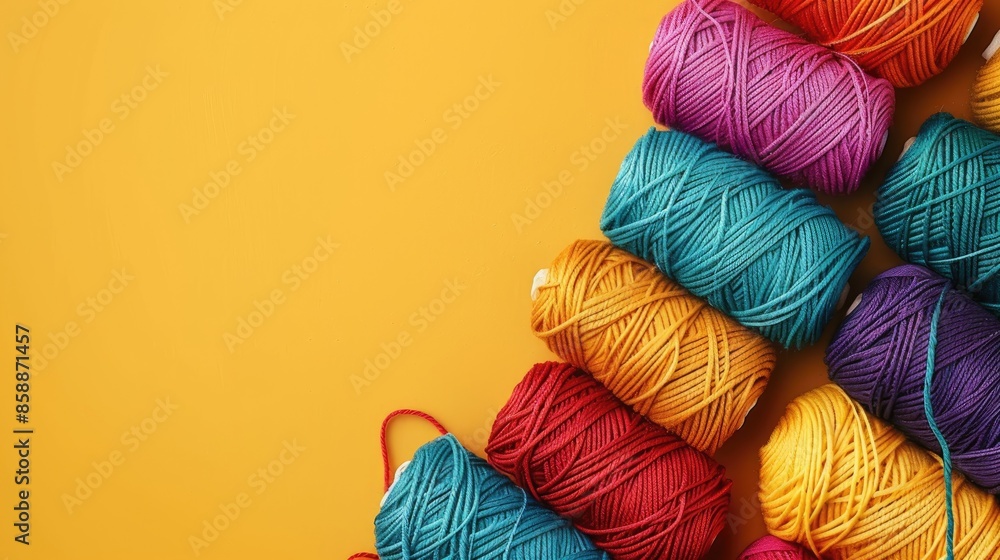Poster colorful thread on yellow backdrop viewed from above ample space for text