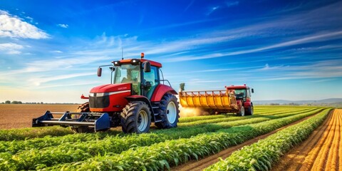 Red Tractor Working in a Green Field