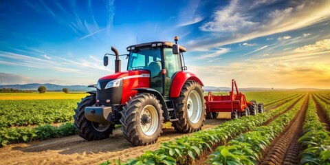 Fototapeta premium Red Tractor Working in a Lush Field at Sunset