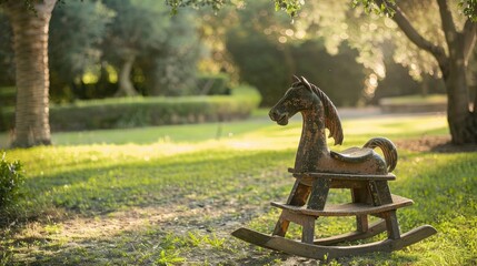 Antique rocking horse outdoors in garden with empty space
