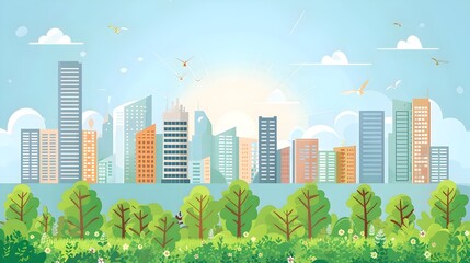 Vibrant Cityscape with Modern Skyscrapers and Lush Greenery Under Sunny Skies