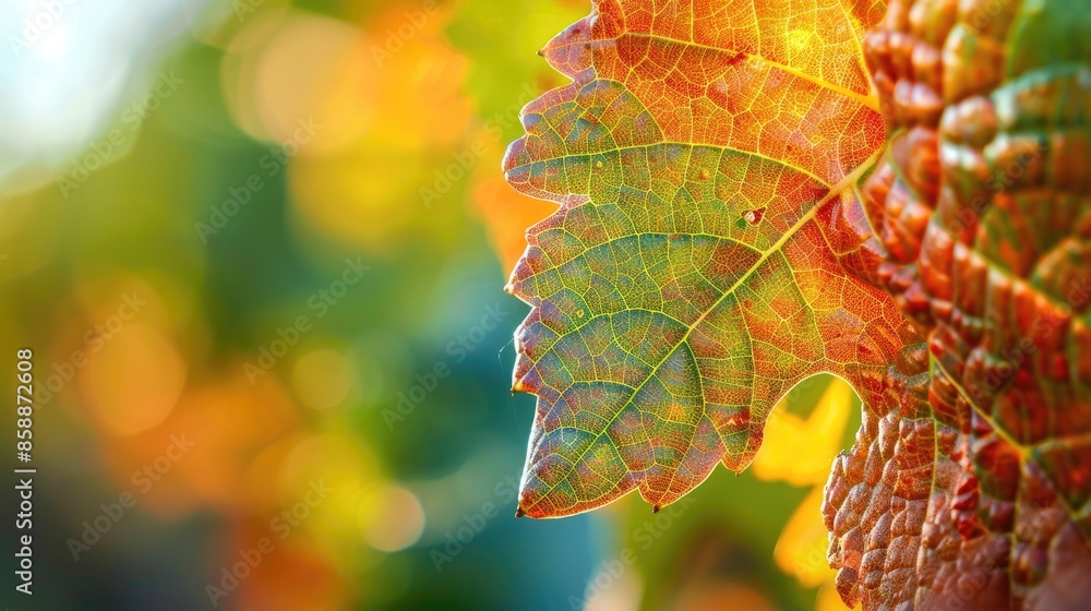 Poster close up macro photo of grape leaf on grapevine in autumn