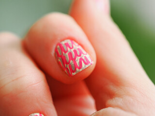Fingernail with pink neon stamping nail art design manicure