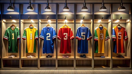 Colorful jerseys with bold numbers hang from hooks in a dimly lit locker room, a nostalgic scene that evokes excitement for sports enthusiasts everywhere.,hd,8k.