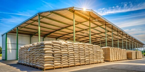 Stacked Burlap Sacks Stored Under a Canopy Structure
