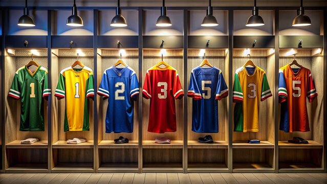 Colorful jerseys with bold numbers hang from hooks in a dimly lit locker room, a nostalgic scene that evokes excitement for sports enthusiasts everywhere.,hd,8k.