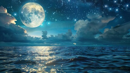Romantic moonlight reflected in sparkling blue water with clouds and starry night sky