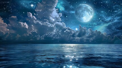 Romantic moonlight reflected in sparkling blue water with clouds and starry night sky