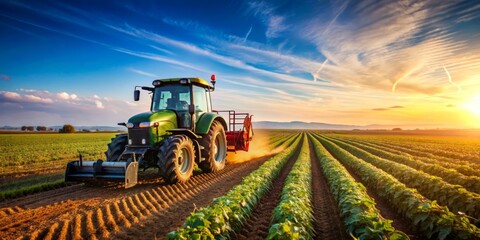 Green Tractor Working in a Field at Sunset