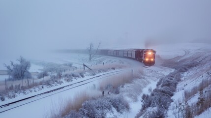A blanket of fog hovers above the snowy landscape adding a sense of mystery.