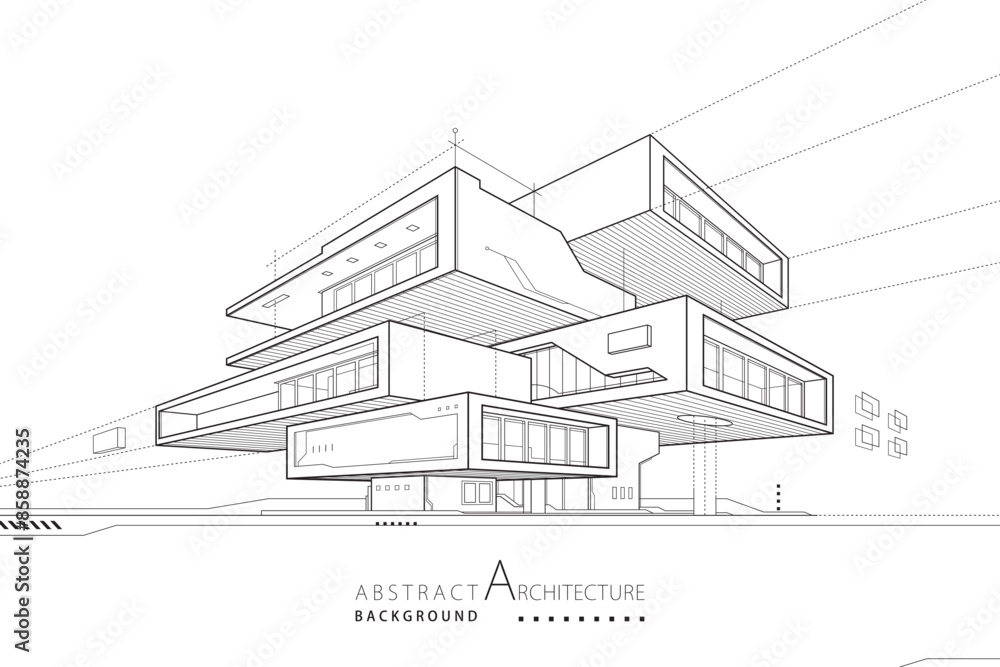 Poster 3d illustration abstract building out-line drawing of imagination high-tech architecture building co