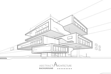 3D illustration abstract building out-line drawing of imagination High-tech architecture building construction design.