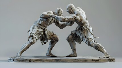 Intense Grapple Between Sambo Wrestlers in Detailed 3D Sculpture
