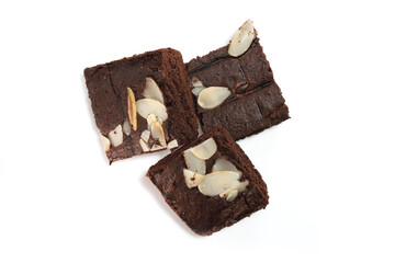 brownie chocolate cake with almond chip. dark choco crisp cracker delicious sweet dessert isolated on white background high detail food photo