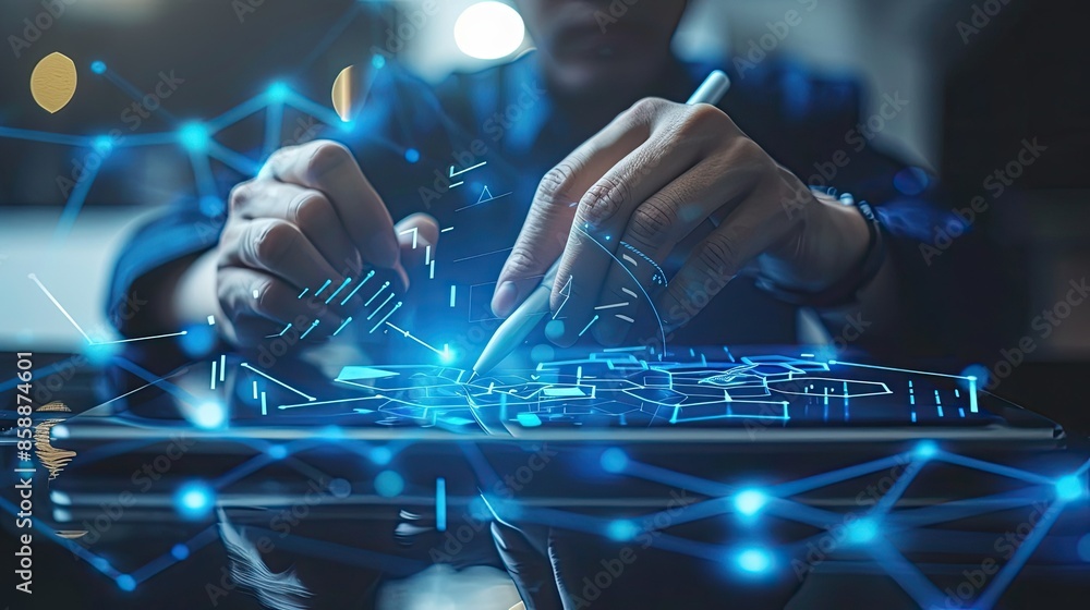 Poster businessman using a digital pen on a tablet with network technology graphics
