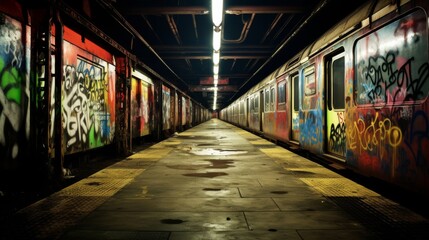Obraz premium Desolate platform with vibrant street art, forgotten transit spot