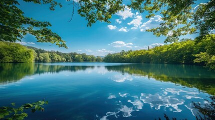 A serene lake reflecting a clear blue sky framed by lush green foliage.