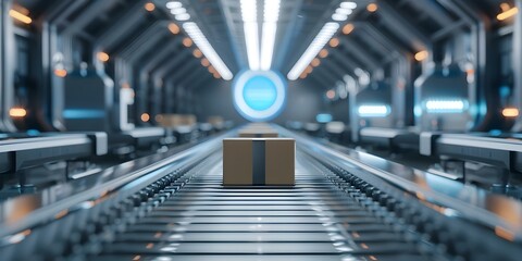 Warehouse with conveyor belts moving packages past holographic displays and digital interfaces. Concept Technology, Logistics, Warehouse, Holographic Displays, Digital Interfaces