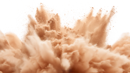 Dry Soil explosion with dirt and cloud smoke. Isolated on white background. Dirty ground abstract spread with flying particles